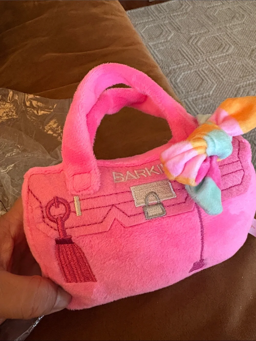 Barbie Pink Plush BARKIN Handbag with Rainbow Bow - Pet toy